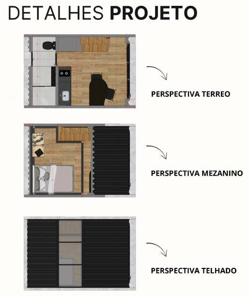 Chalé Diamond, perspectivas do térreo, mezanino e telhado